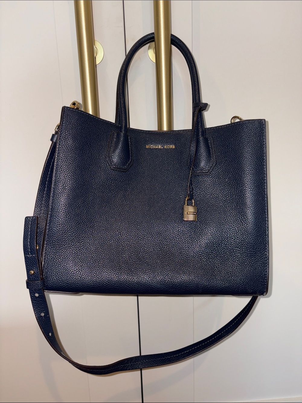 Michael Kors Navy Pebbled Leather Tote with Gold Padlock